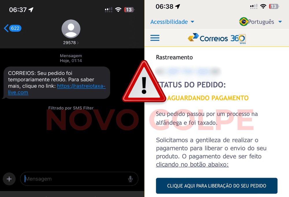 Falso SMS Correios com cobrança de taxa